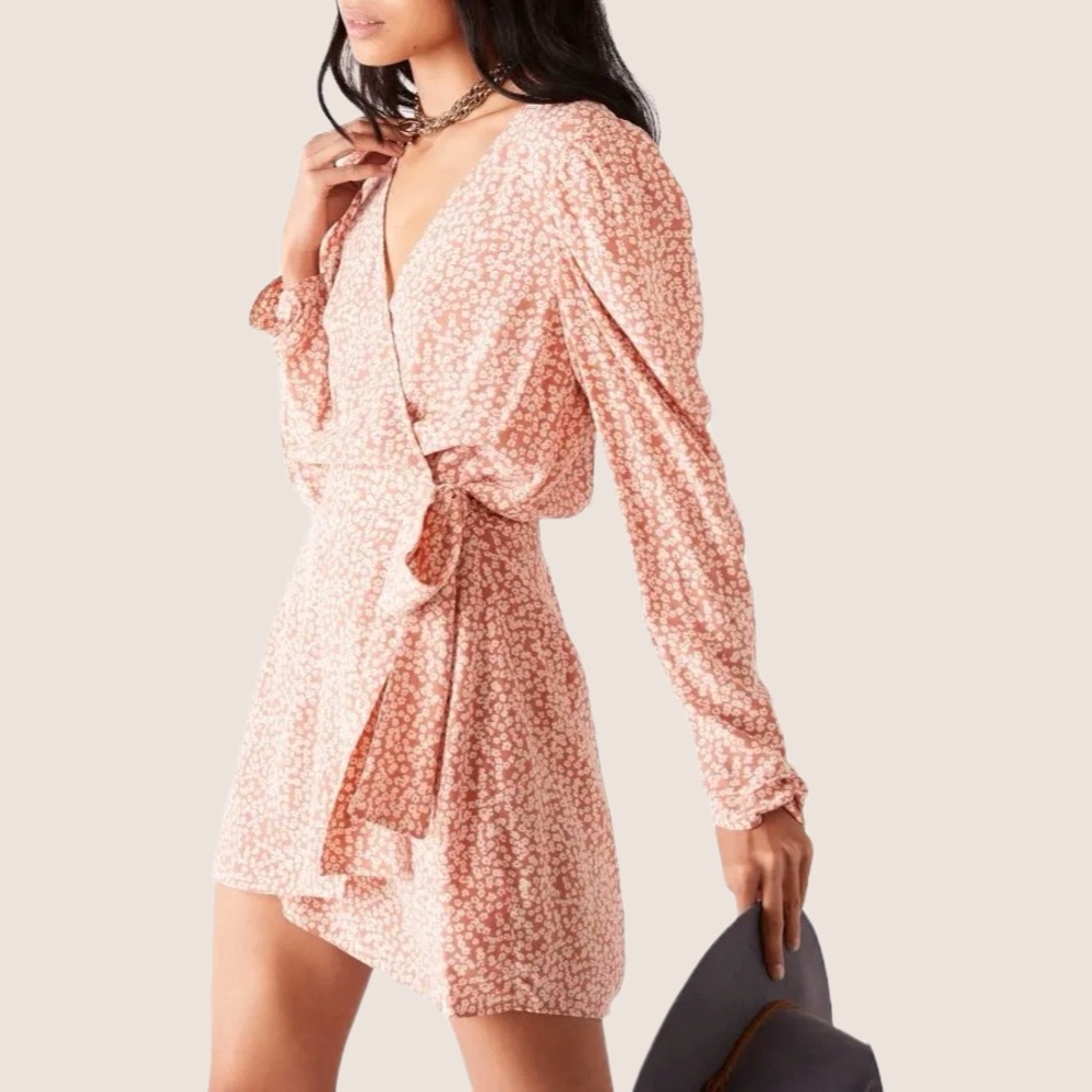 NWOT Free People Kinsley Wrap Dress in Grapefruit Fizz Floral Puff Sleeve | Sz 2